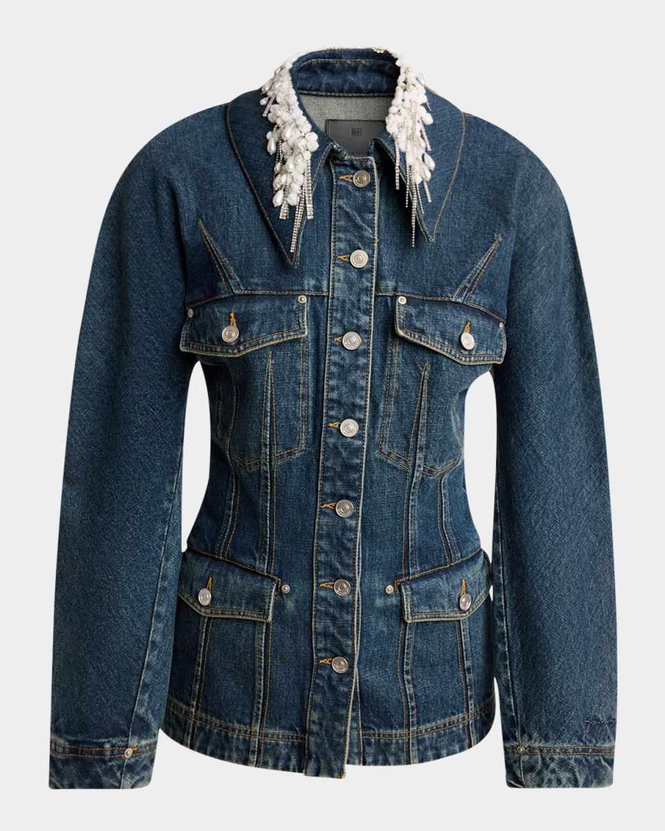 Pearly Crystal Collar Denim Jacket